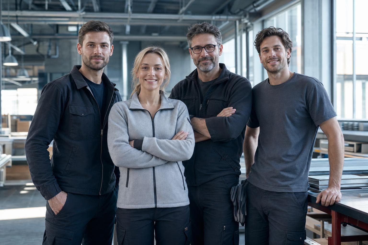 Équipe de quatre personnes dans un atelier