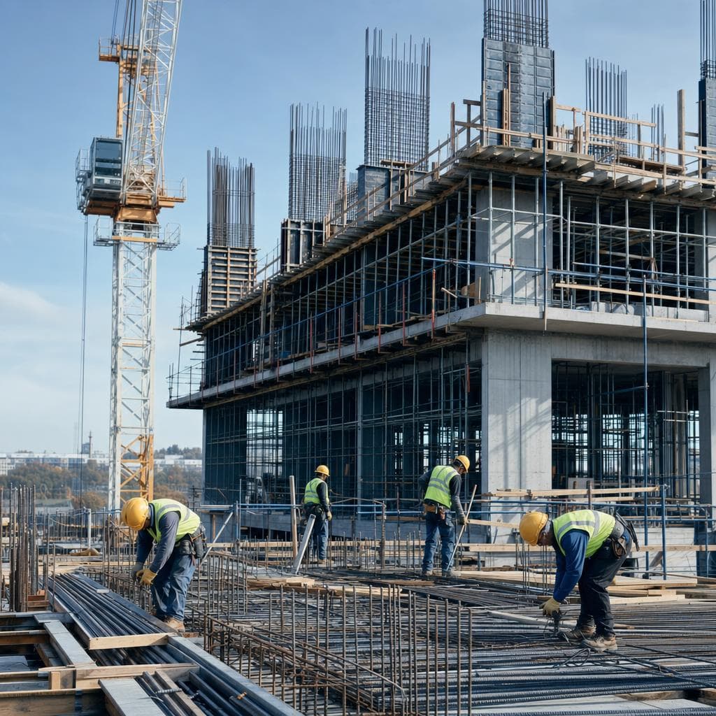 Compagnons sur un chantier de gros œuvre, grue et ferraillage